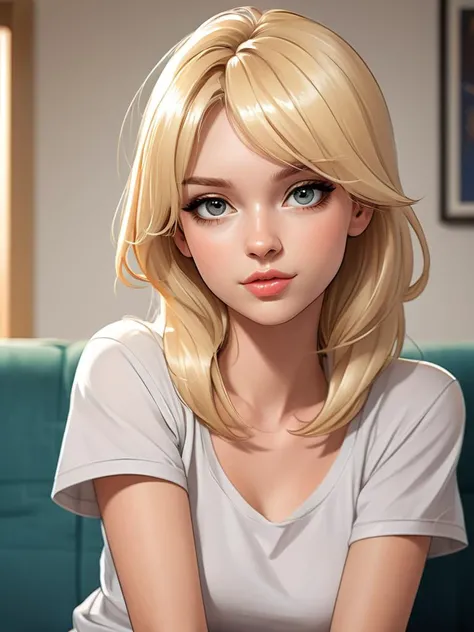 (cartoon, anime, illustration) closeup portrait of a beautiful blonde model sitting on a couch