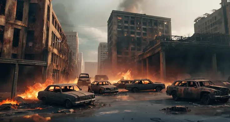 A postapocalyptic scene, ruined cars, buildings in flames