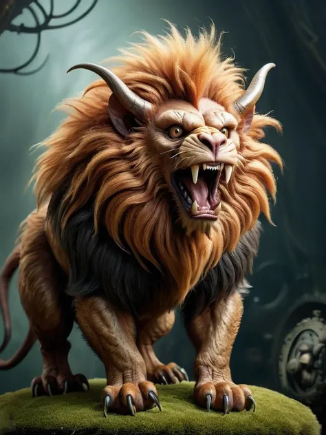 award winning photograph of a FluffyStyle manticore with terrifying roar in wonderland, magical, whimsical, fantasy art concept, steampunk, intricate details, best quality, masterpiece, ultra sharp, hyper realistic, realism <lora:FluffyStyleXL:0.8>