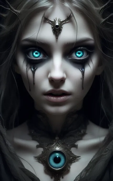 Within the realm of madness, her beautiful eyes filled with fear, (spirits surround her)