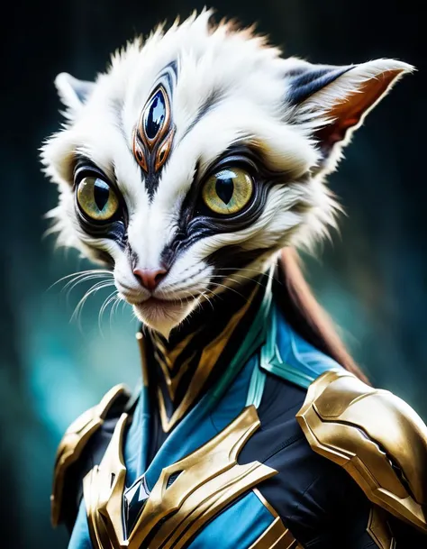 A realistic photo of an alien animal, furry, large eyes, (Enhanced Warframe, F/1 Photo RAW)