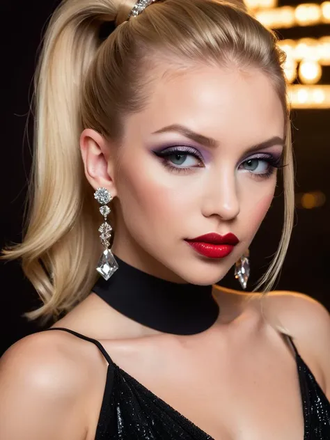 closeup portrait of a woman, wearing cocktail dress, jewelry, makeup, lipstick, blonde ponytail, modern nightclub