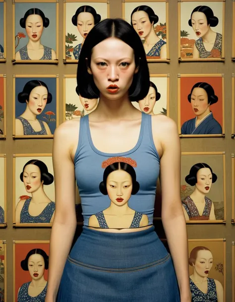 Ukiyo-E, Andrey Remnev, Woman, wearing Good Tank top and denim skirt, Making funny face, Kodachrome, Joe Shuster, portrait art by Vanessa Beecroft