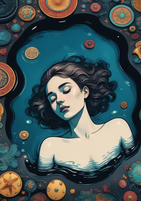 (coloured ink illustration) closeup of a woman laying in a pool of dark liquid, surrounded by small ornamental icons
