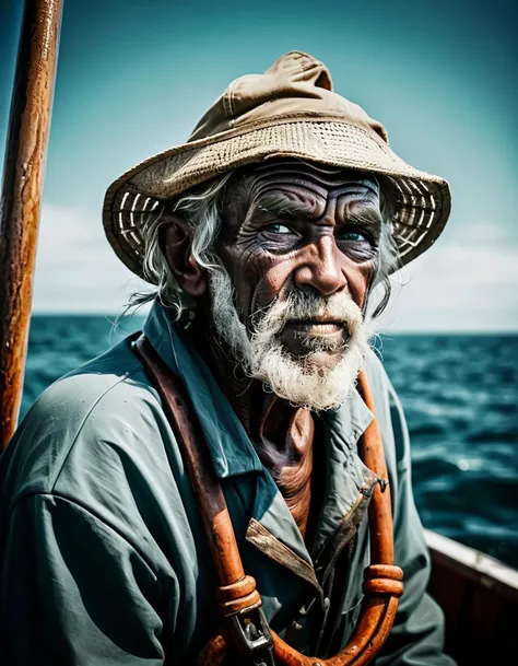 A portrait of an old fisherman, on a boat, ocean, (Enhanced Warframe, F/1 Photo RAW)