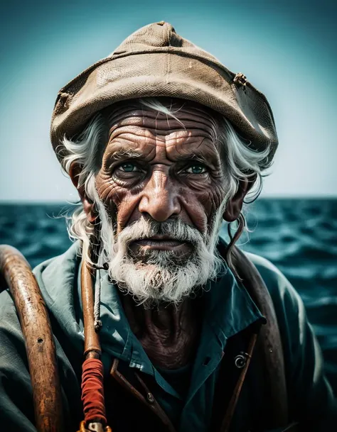 A portrait of an old fisherman, on a boat, ocean, (Enhanced Warframe, F/1 Photo RAW)