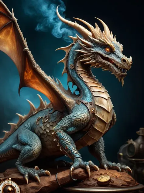 award winning photograph of a ExpeditionStyle dragon with smoldering scales in wonderland, magical, whimsical, fantasy art concept, steampunk, intricate details, best quality, masterpiece, ultra sharp, hyper realistic, realism <lora:ExpeditionStyleXL:0.8>