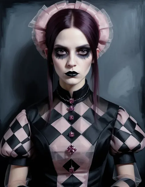 Dark hue, Action Painting, Heavenly broad-shouldered Woman, wearing Rhodolite and Embroidered Organza Cortavientos with Checkerboard print, Thoughtful Pose, Pastel Goth Art, Neo-Expressionism, portrait art by G. Willow Wilson