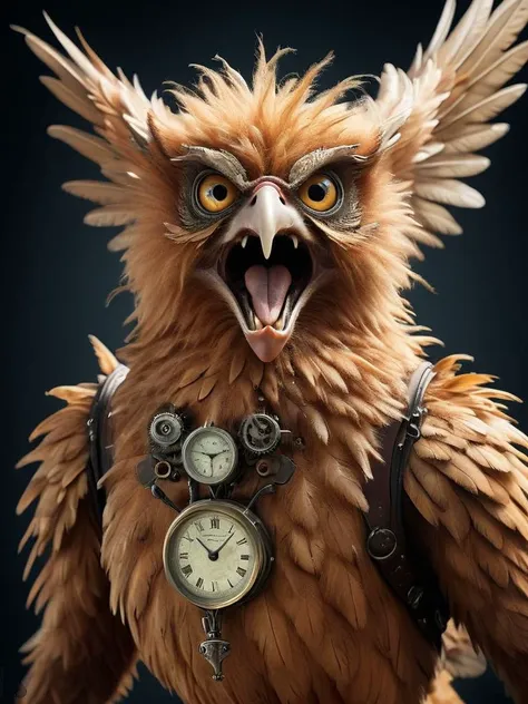 award winning photograph of a FluffyStyle harpy with screeching voice in wonderland, magical, whimsical, fantasy art concept, steampunk, intricate details, best quality, masterpiece, ultra sharp, hyper realistic, realism <lora:FluffyStyleXL:0.8>