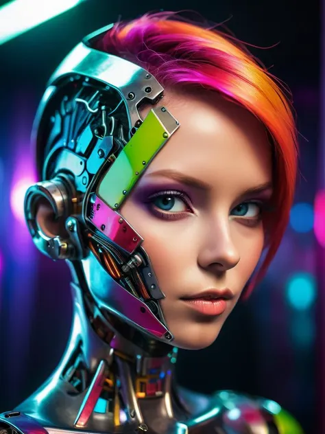 closeup portrait of an android woman, colorful metal, glass, in a modern nightclub