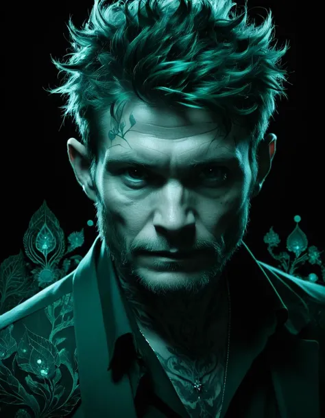 Jamie Hewlett, RAW photo, Yoji Shinkawa, Naturecore, Cinematic still, Spellbinding Guy, Charlie Bowater, Teal and dark green fractal art, portrait art by Alan Davis