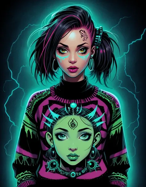 Cybergoth Art, Luminous trails, Prehistoric Girl, she is Exotic, wearing Fantastical Sweater with pop images, portrait art by Steve Ditko