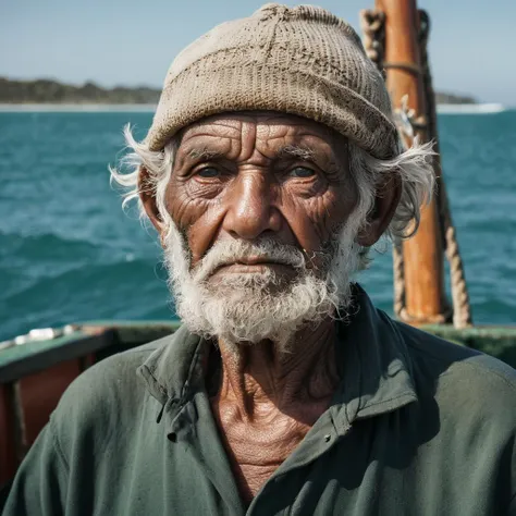 A portrait of an old fisherman, on a boat, ocean