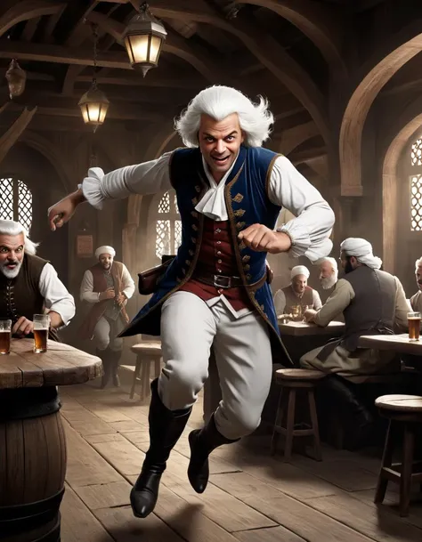 3D Rendering, Mystifying Male Jumping in a tavern, White hair, Joseph Ducreux, Sultan Mohammed, portrait art by David Palumbo