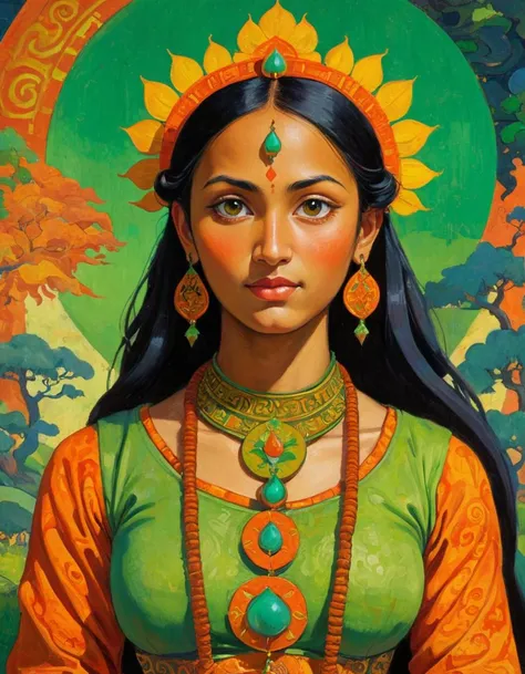 (Green and orange:0.7) , cyberdelic, Paul Sérusier, Renaissance, Nepalese Girl as Eastern God, Adventurer, Warmcore, portrait art by Russell Dauterman