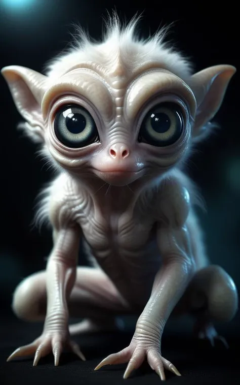 A realistic photo of an alien animal, furry, large eyes