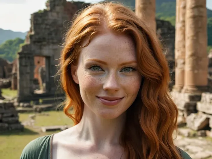 A closeup of a beautiful ginger woman, smirking, ancient ruins behind