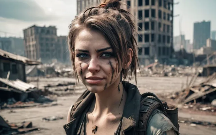 A postapocalyptic scene, a closeup of a beautiful young woman, smirking, ruined city in the background