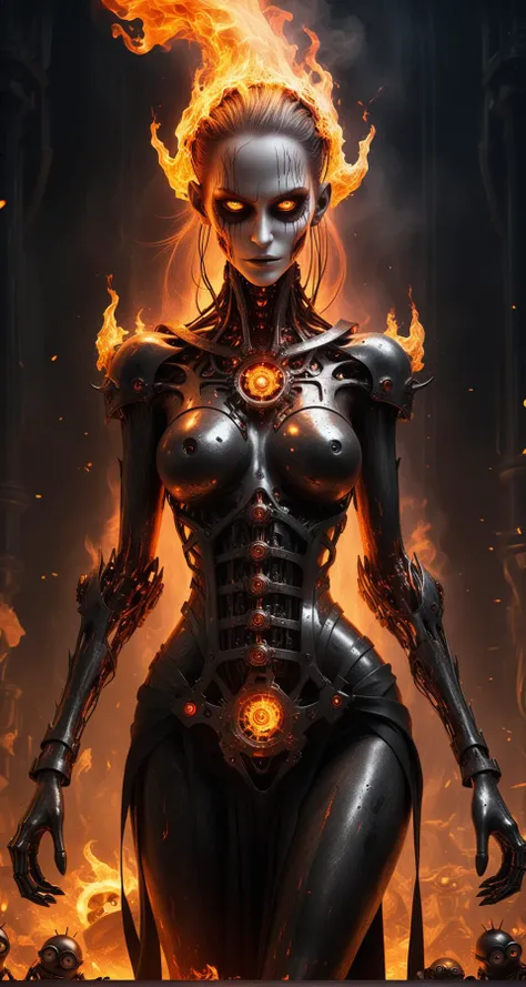 Bathed in fire, android Goddess of flesh and metal, a merging of magic and technology. She is death, followed by the minions of destruction.