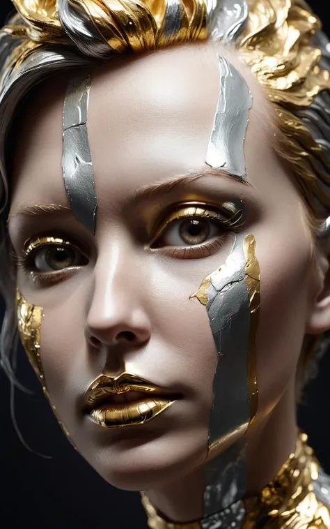 a closeup of a female face sculpted from gold