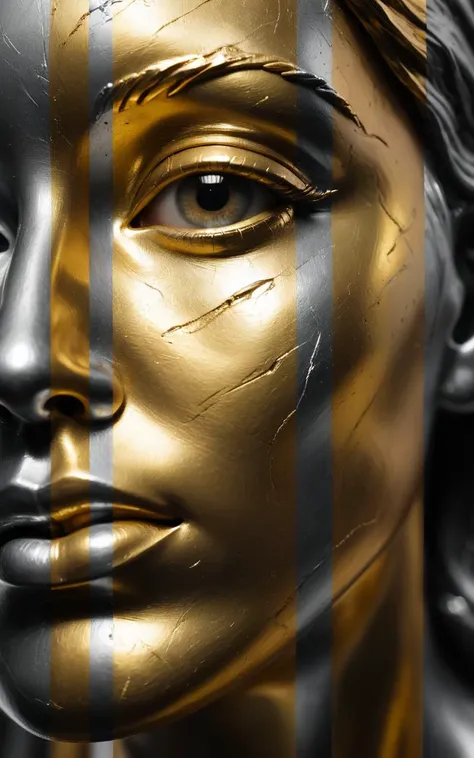 a closeup of a female face sculpted from gold