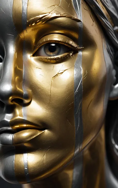 a closeup of a female face sculpted from gold