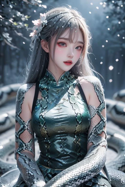 highly insanely detailed, masterpiece, top quality, best quality, highres, 4k, 8k, RAW photo, (very aesthetic, beautiful and aesthetic), breathtaking 1girl, kawaii, bishoujo, (lighting particle), fog, snow, (bloom),
adorned in intricate (snake scales attire:1.4) that shimmer in the light,
<lora:Zhuaya_CN_COS:1>,
gray background,
âââ