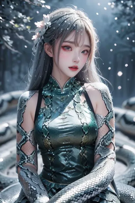 highly insanely detailed, masterpiece, top quality, best quality, highres, 4k, 8k, RAW photo, (very aesthetic, beautiful and aesthetic), breathtaking 1girl, kawaii, bishoujo, (lighting particle), fog, snow, (bloom), 
adorned in intricate (snake scales attire:1.4) that shimmer in the light, 
<lora:Zhuaya_CN_COS:1>, 
gray background, 
âââ