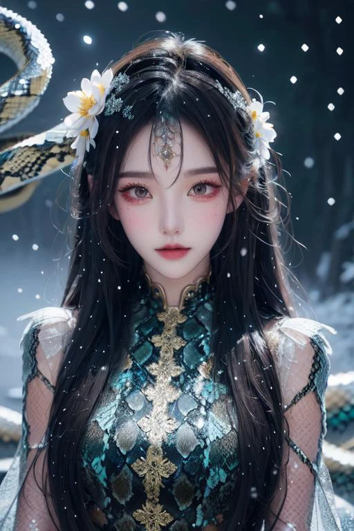 highly insanely detailed, masterpiece, top quality, best quality, highres, 4k, 8k, RAW photo, (very aesthetic, beautiful and aesthetic), breathtaking 1girl, kawaii, bishoujo, (lighting particle), fog, snow, (bloom),
adorned in intricate (snake scales attire:1.4) that shimmer in the light,
<lora:Zhuaya_CN_COS:1>,
pure black background, transparent background,
âââ