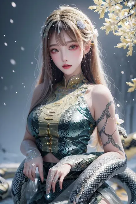 highly insanely detailed, masterpiece, top quality, best quality, highres, 4k, 8k, RAW photo, (very aesthetic, beautiful and aesthetic), breathtaking 1girl, kawaii, bishoujo, (lighting particle), fog, snow, (bloom), 
adorned in intricate (snake scales attire:1.4) that shimmer in the light, 
<lora:Zhuaya_CN_COS:1>, 
pure yellow background, transparent background, 
âââ