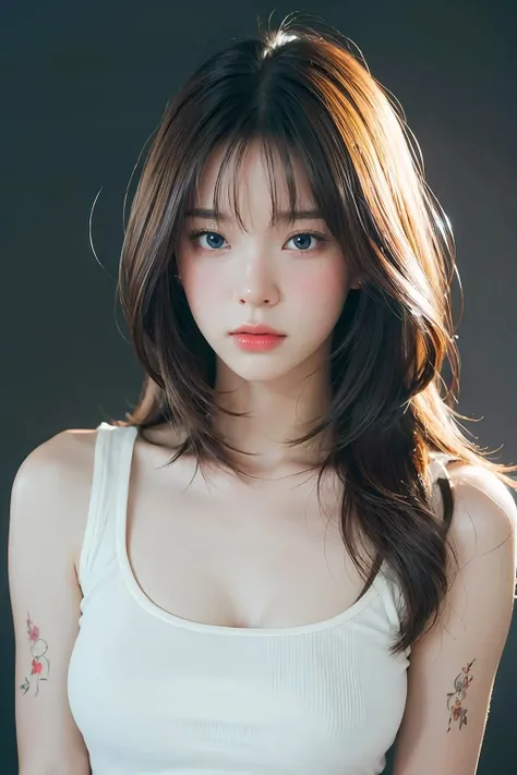1girl, long hair, White top, (isolated on dark-grey background:1.2), from front, standing, (soft lighting:1.2), shot on Canon EOS 5D, BREAK
(upper body:1.2), , best quality, ultra high res, (photorealistic:1.4), masterpiece, real life skin, hyper real, perspective, detailed beautiful eyes and detailed face, <lora:Tangjailerbchu-04:1>