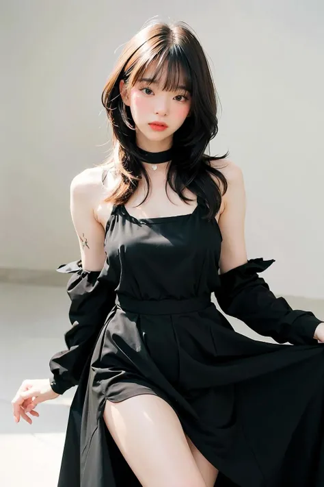 1girl,hair with bangs,black long dress,white background, <lora:Tangjailerbchu-04:1>