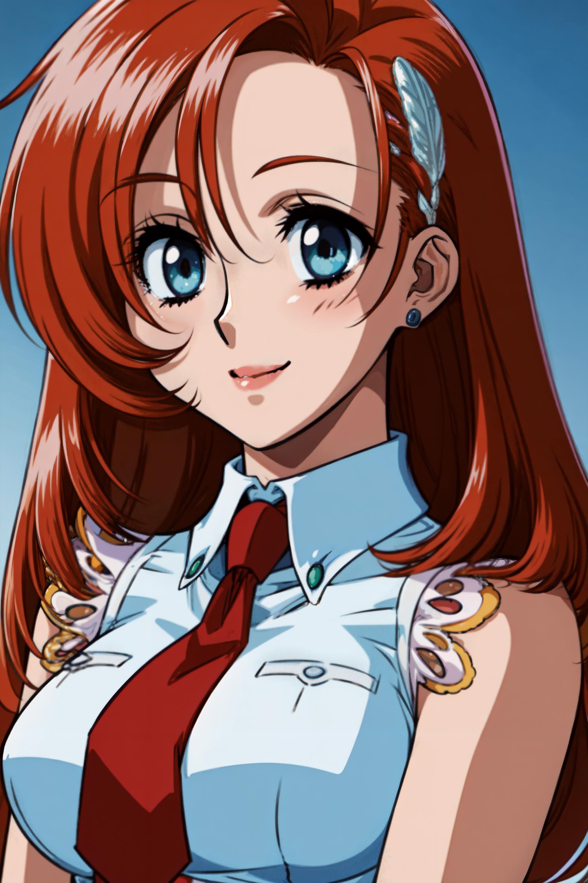 Anime girl with red hair and blue eyes wearing a white shirt and red ...