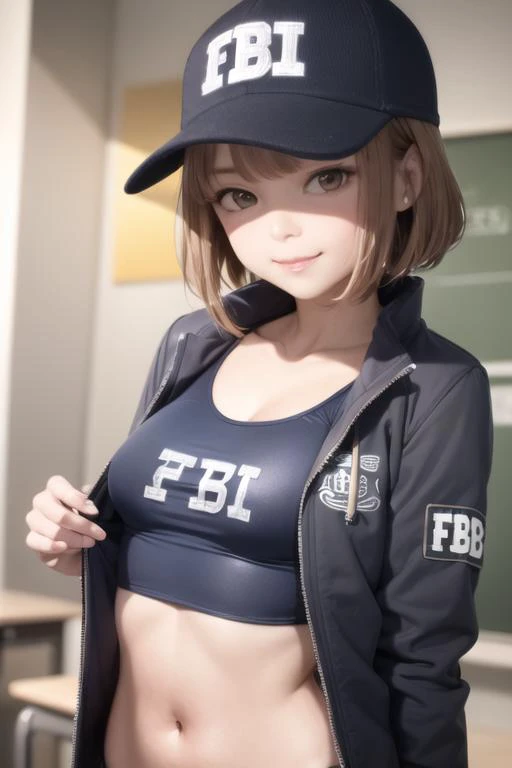 best quality, masterpiece, cute girl, ultra hd, <lyco:GoodHands-beta2:1.0>, skindentation, school swimsuit, <lora:FBI_cap_meme:1>, skistyle, fbi cap, clear fbi, cg, midriff, crop top jacket, (mischievous:0.9)