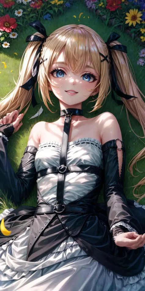 (best quality:1.1), (masterpiece:1.4), (absurd:1.0), portrait, close-up, 1girl, Ekaterina Kuraye, Twintails, low tied_long_hair, hair ends, very long hair, blonde hair, small breasts, blue eyes, black dress, maid's headdress, neck ribbon, wide hips, spread legs, looking at the viewer, on the street, (blush:1.2), city, smile, erotica