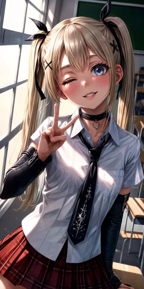 (masterpiece), best quality, (((ultra detailed, 8k quality))), expressive eyes, perfect face, perfect anatomy, perfect body, scene, <lora:scene_:0.7>, <lora:more_details:0.7>, <lora:beautiful_detailed_eyes:0.5>, <lora:GoodHands-vanilla:1>, <lora:give_it_a_name:0.7>,
doamarie, twintails, x hair ornament, hair ribbon, choker, <lora:marierose-nvwls-v1:0.8>, x hair ornament, hair ribbon, white shirt, choker, black necktie, red skirt, arm warmers, fishnet thighhighs, black boots,
classroom, indoors, light particles, looking at viewer, parted lips, smile, sunlight, upper body, window, one eye closed, head tilt, dutch angle, (((peace sign)))