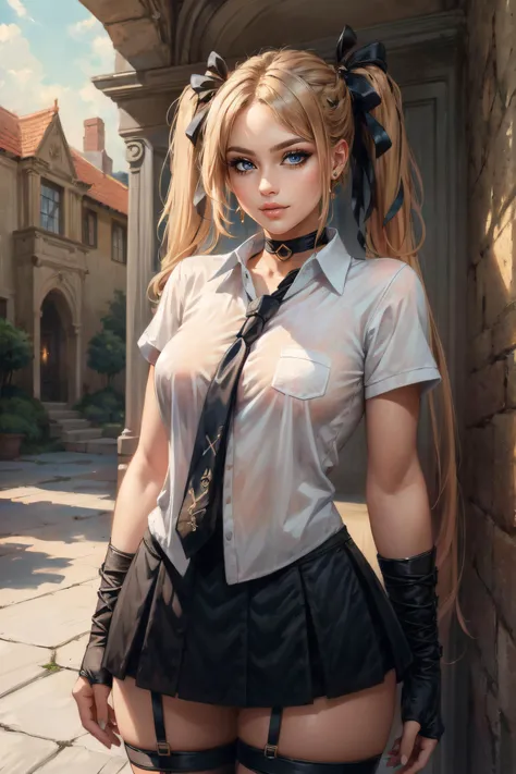 (masterpiece, best quality, ultra detailed, absurdres:1.5), 1girl, (sexy, beautiful woman, perfect face, perfect eyes, perfect female body, small breasts:1.5), (doaMarie, twintails, x hair ornament, hair ribbon, white shirt, choker, black necktie, red skirt, arm warmers, fishnet thighhighs, black boots, <lora:marierose-nvwls-v1:0.8>), (standing, outdoors, courtyard, mansion in background), perfect lighting, smooth, hdr