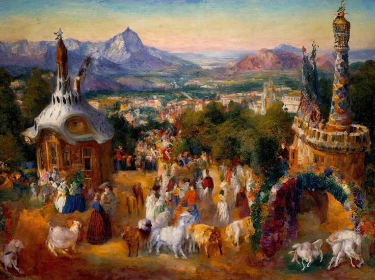 a painting by Dante showing (((mesmerising beautiful world))), lush gardens covering the earth, sunny sky, snowy mountains, hope, joy, 4k, extreme details, intricate details, (highest quality, HD, ultra hd)