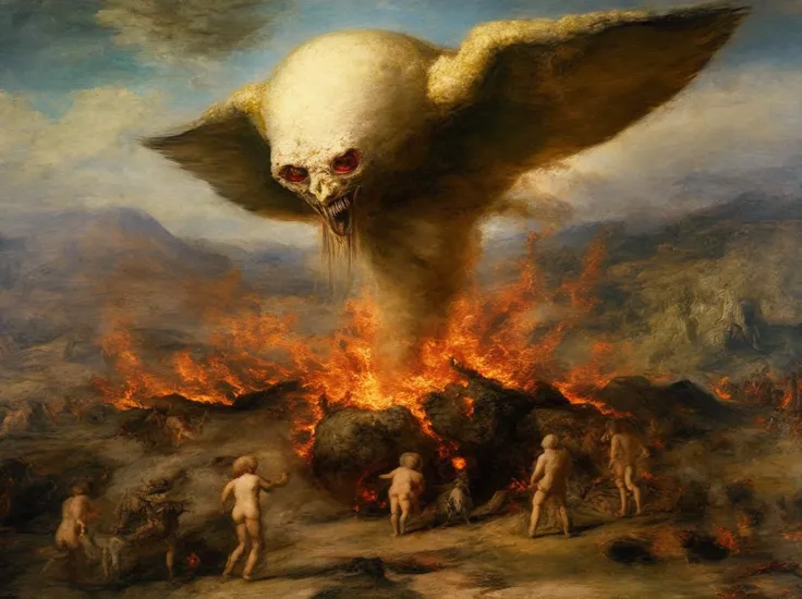 a painting by Rembrandt showing (((psychogenic creature emerging from hell))), flames scorching the earth, ((stormy dark sky)), mountains desert background, despair, fear, 4k, extreme details, intricate details, (highest quality, HD, ultra hd)