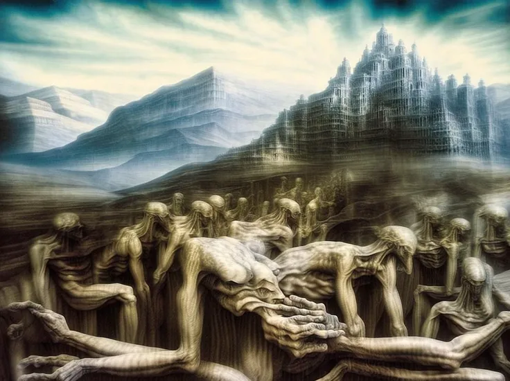A painting in the style of HR Giger of a (((architecture))) high up in the mountains, (intricate details:1.12), hdr, (intricate details, hyperdetailed:1.15), (natural skin texture, hyperrealism, soft light, sharp:1.2), key visual, surreal