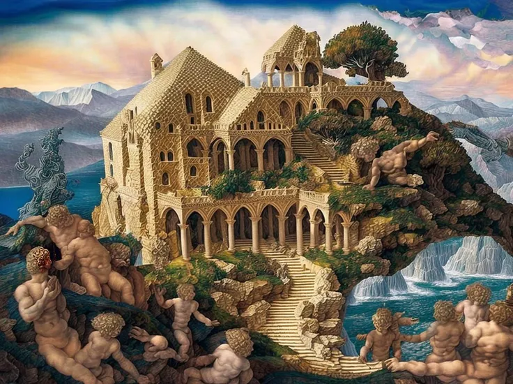 A painting in the style of Escher of a (((architecture))) high up in the mountains, (intricate details:1.12), hdr, (intricate details, hyperdetailed:1.15), (natural skin texture, hyperrealism, soft light, sharp:1.2), key visual, surreal