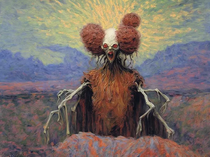 a painting by Claude Monet showing (((psychogenic creature emerging from an abyss))), flames scorching the earth, stormy sky, mountains desert background, despair, fear, 4k, extreme details, intricate details, (highest quality, HD, ultra hd)