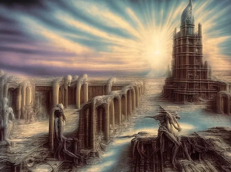 A painting in the style of HR Giger of a (((gigantic architecture))), (intricate details:1.12), hdr, (intricate details, hyperdetailed:1.15), (natural skin texture, hyperrealism, soft light, sharp:1.2), key visual, surreal