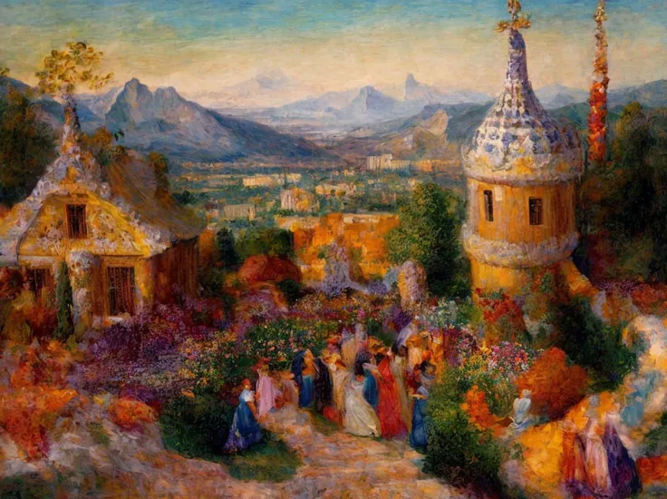 a painting by Dante showing (((mesmerising beautiful world))), lush gardens covering the earth, sunny sky, snowy mountains, hope, joy, 4k, extreme details, intricate details, (highest quality, HD, ultra hd)