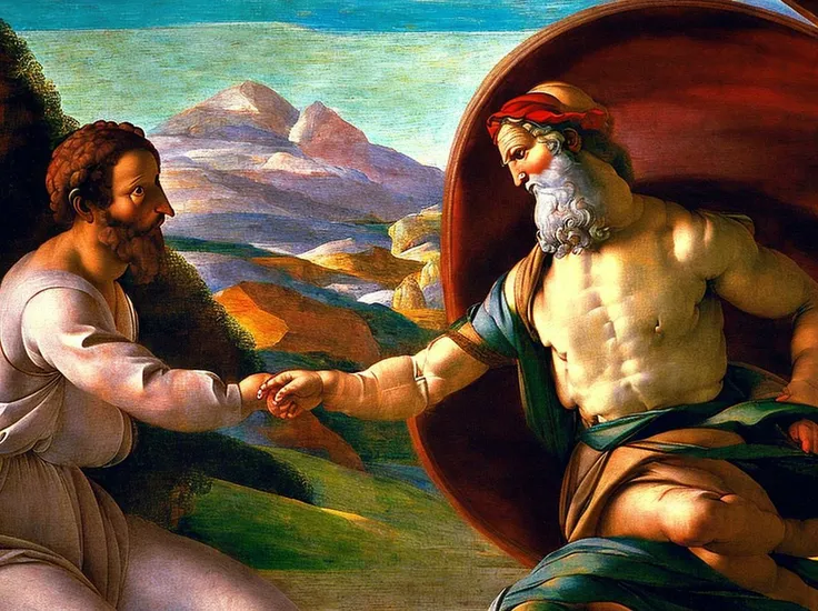 a painting by Michelangelo showing (((mesmerising beautiful world))), lush gardens covering the earth, sunny sky, snowy mountains, hope, joy, 4k, extreme details, intricate details, (highest quality, HD, ultra hd)