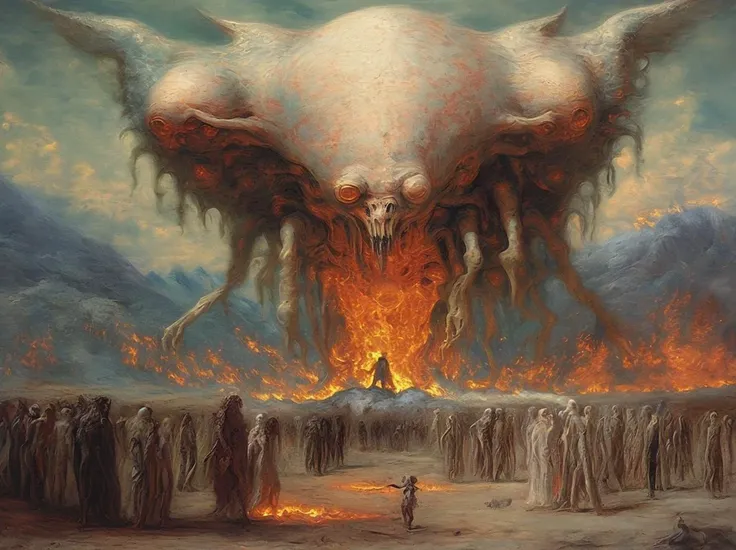 a painting by Delacroix showing (((psychogenic creature emerging from an abyss))), flames scorching the earth, stormy sky, mountains desert background, despair, fear, 4k, extreme details, intricate details, (highest quality, HD, ultra hd)
