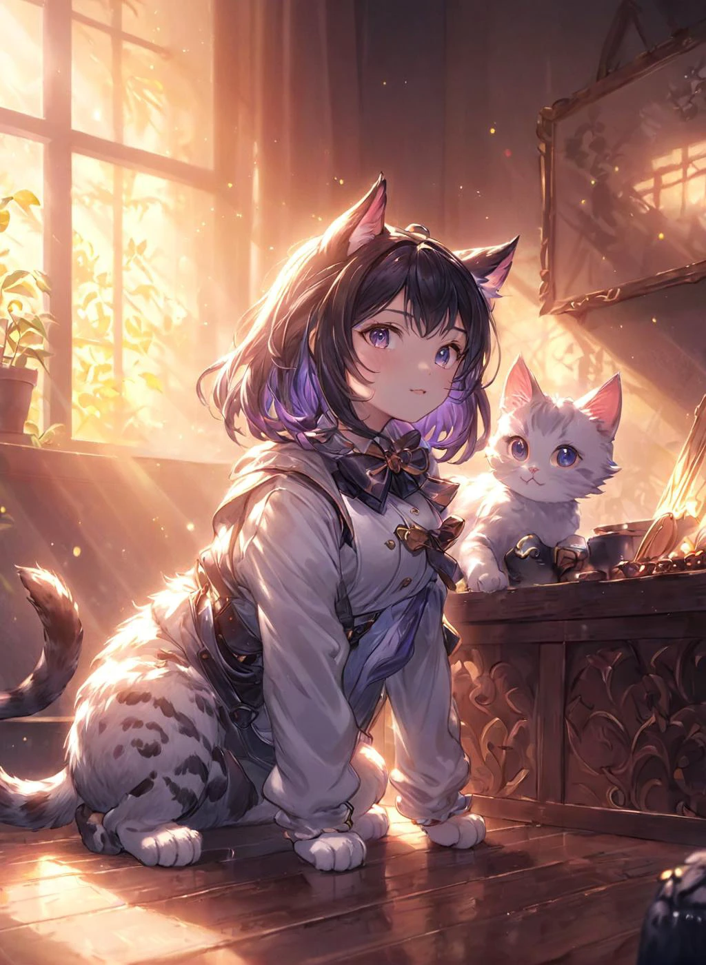 <lora:Granblue_Collection_XL_-_Illustration:1.15> pastel colors, playing wiht a cat, (masterpiece), best quality, highres, 4k, 8k, cinematic lighting, amazing quality, amazing shading, soft lighting, Illustration, official artwork, anime style, wallpaper, official art
