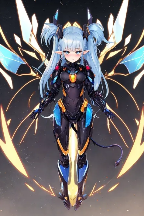 fullbody, dynamic pose, dynamic angle, cinematic shadow effect, looking at viewer, cygames mecha_musume, Transformationbymechanization, demon lord girl, elf ears, demon horns, bodysuit, ((demon tail)),([Mechanicalexoskeleton:boned armor:0.5]:1.2), glowingmechanicalwings,floating_armor, female focus, beautiful detailed eyes, blush, long_hair ,earrings, heavy makeup, pasties, floating in universe10s, sony 7R!c, sigma DG HSM Art, 14mm f2.8, wide angle, (dlsite 3d eroge cg), raytracing, HDR, global illumination, ultimate quality, (absolutely resolution:1.3)