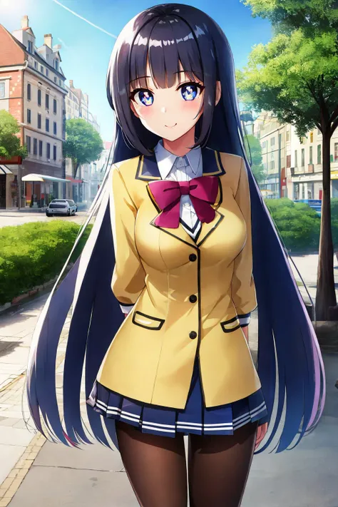standing, wide angle, (1girls:1.3), harem anime official art, seifuku clothes, school uniform, wide angle, glossy detailed pantyhose, large eyes big, cute beautiful eyes detailed pupils cute, circle white pupil cute, town park background, 35mm f1.4, iso100, raw, high quality,subtle ambient glow, raytracing, global illumination, ultimate quallity,
