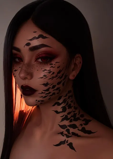 silhouette, spotlight, dark theme, (curse_mark: 1.21), 1girl, pale skin, solo, long hair, looking at viewer, black hair, eyeliner, freckles ,red eyes, mole, lips, mole under eye, makeup, bangs, lipstick, upper body, red lips, eye focus, <lora:curse_mark-06:1>, <lora:DarkLighting:0.7>